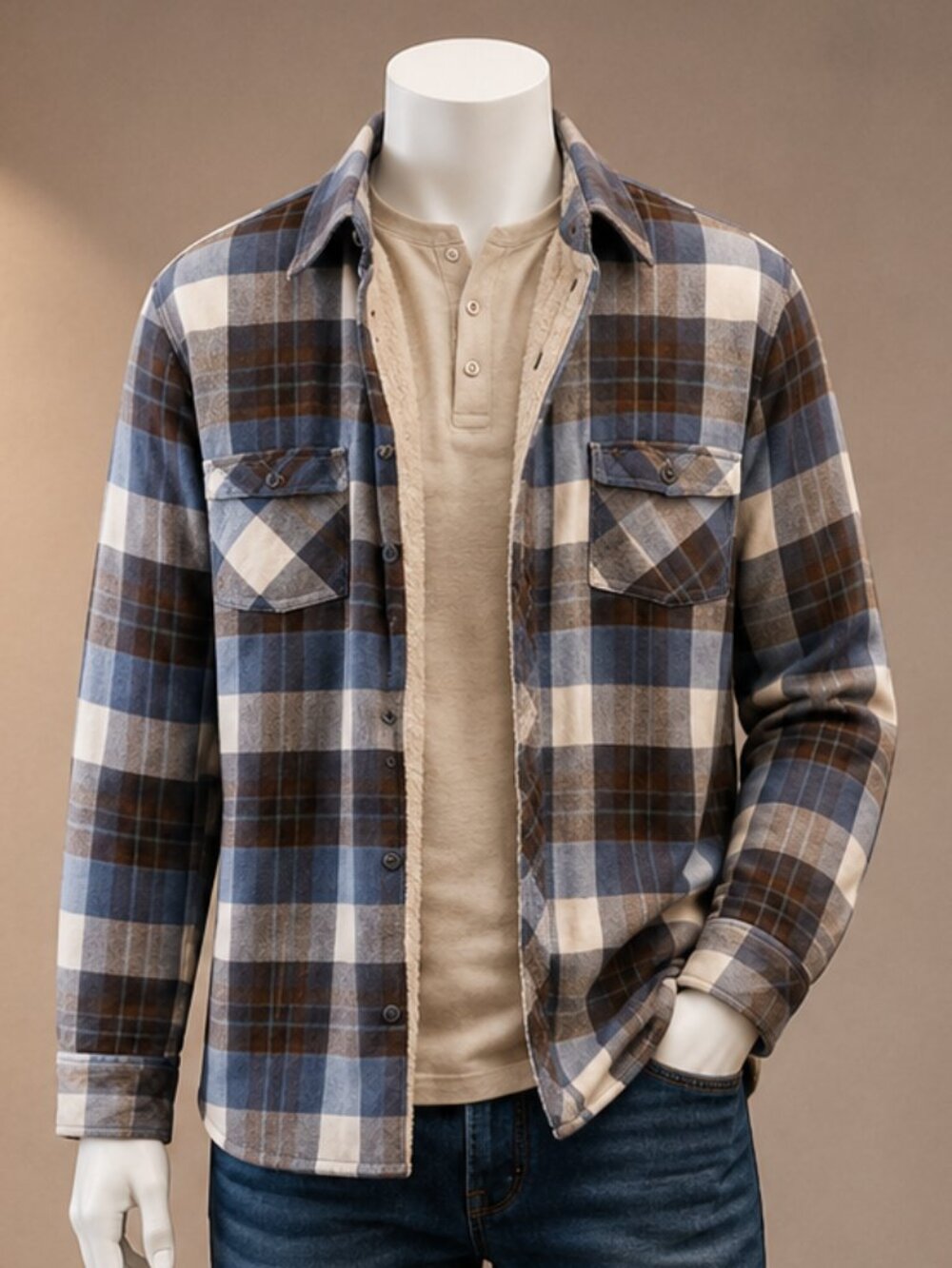 SSLR Men’s Blue & Brown Plaid Shirt Jacket – Size Large